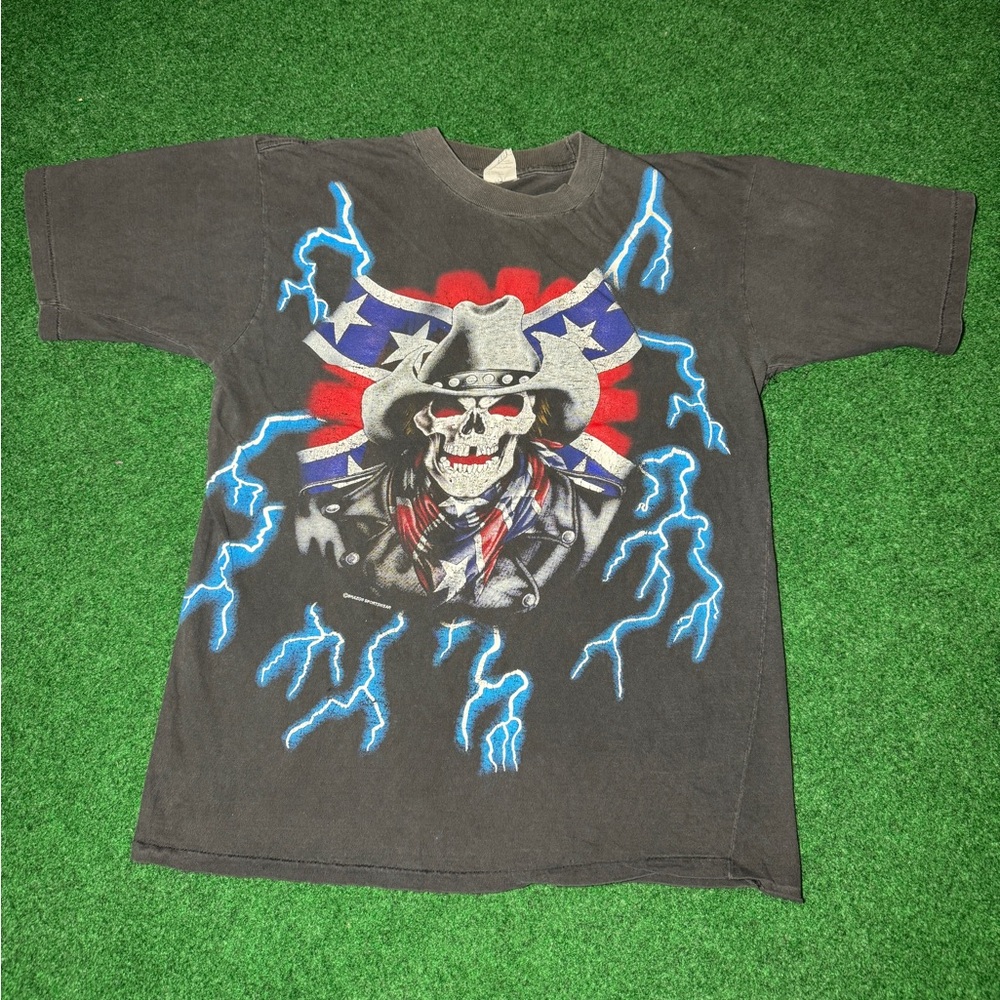 Vintage 9American Thunder 90s Rebel Faded Skull Cowboy Biker Medium T Shirt